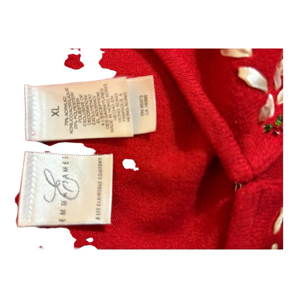 Emma James Red Holiday Cardigan, embellished style ribbon/bead floral designs - Picture 7 of 7